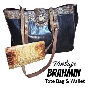 BRAHMIN Vintage Tote Shopper & Wallet Black Leather Large Carryall Shoulder Bag